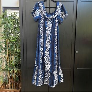 Royal Hawaiian Blue & White Floral Hawaiian Print Cotton Maxi Dress Size Large